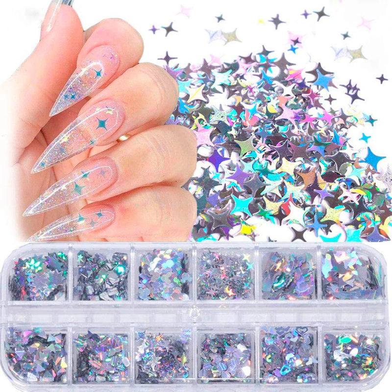 Estojo de Decoração para Unhas - Glitter e Sequins Prateados para Arte de Manicure