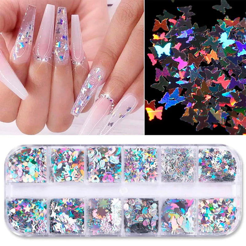 Estojo de Decoração para Unhas - Glitter e Sequins Prateados para Arte de Manicure