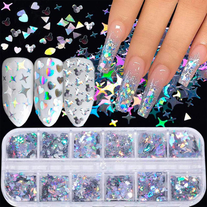 Estojo de Decoração para Unhas - Glitter e Sequins Prateados para Arte de Manicure