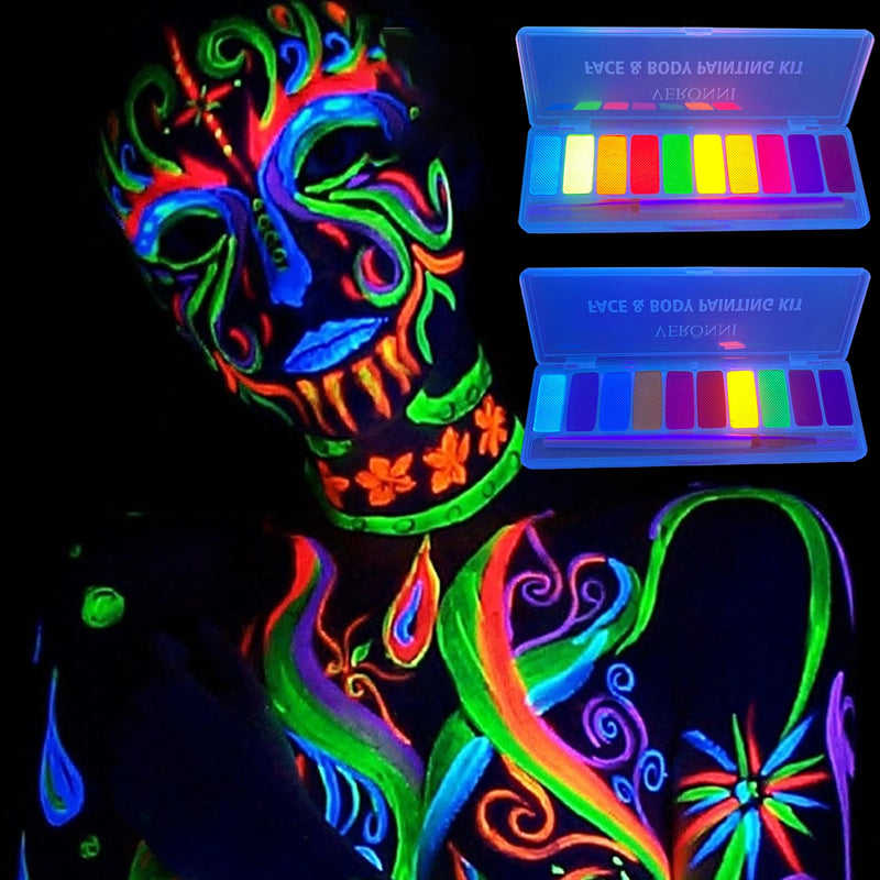 Kit de Tintas Fluorescentes Neon UV para Pintura Facial e Corporal - 10 Cores para Maquiagem, Arte e Fantasias de Halloween