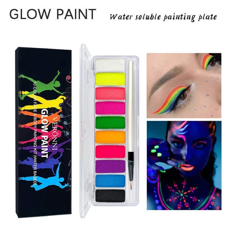 Kit de Tintas Fluorescentes Neon UV para Pintura Facial e Corporal - 10 Cores para Maquiagem, Arte e Fantasias de Halloween