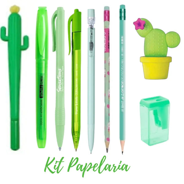 Kit de Papelaria Kawaii com Lápis, Borracha e Apontador Cacto – Super Fofo e Divertido