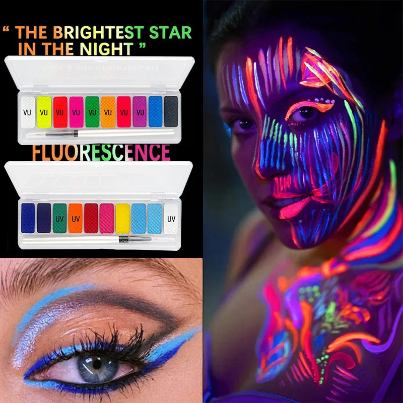 Kit de Tintas Fluorescentes Neon UV para Pintura Facial e Corporal - 10 Cores para Maquiagem, Arte e Fantasias de Halloween