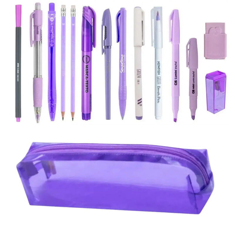 Kit Estojo Escolar Completo – Tons de Roxo e Lilás