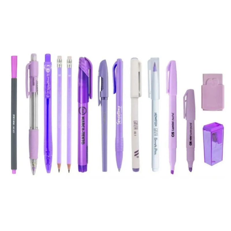 Kit Estojo Escolar Completo – Tons de Roxo e Lilás