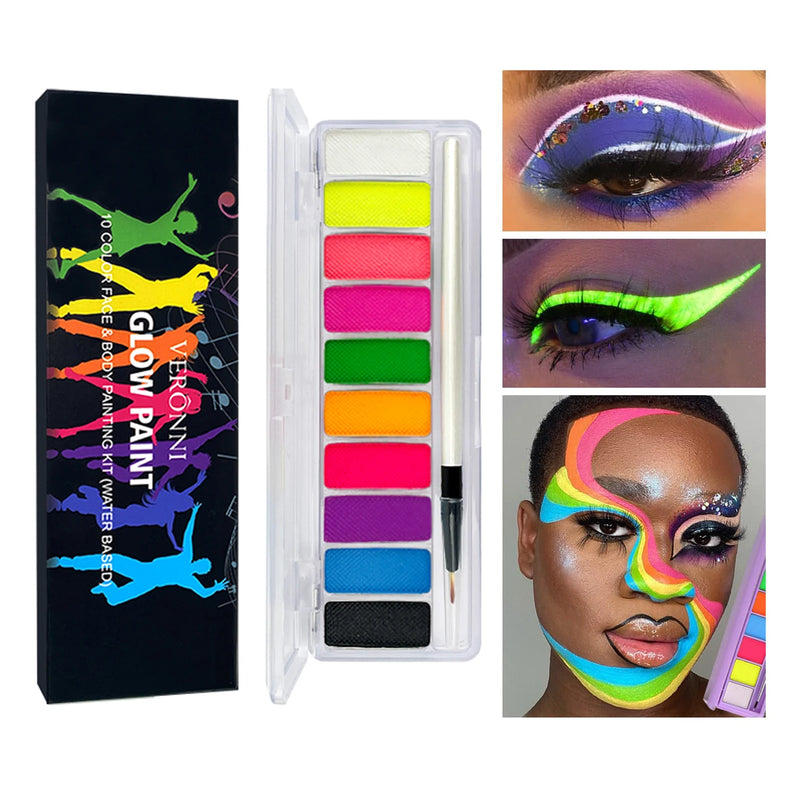 Kit de Tintas Fluorescentes Neon UV para Pintura Facial e Corporal - 10 Cores para Maquiagem, Arte e Fantasias de Halloween